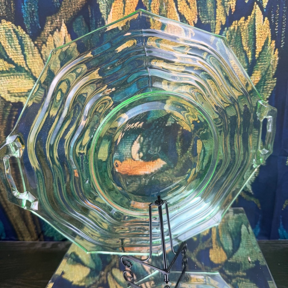 Jenkins Ocean Wave Green Uranium Glass Serving Tray Octagonal Handled 11.5" - Picture 5 of 6